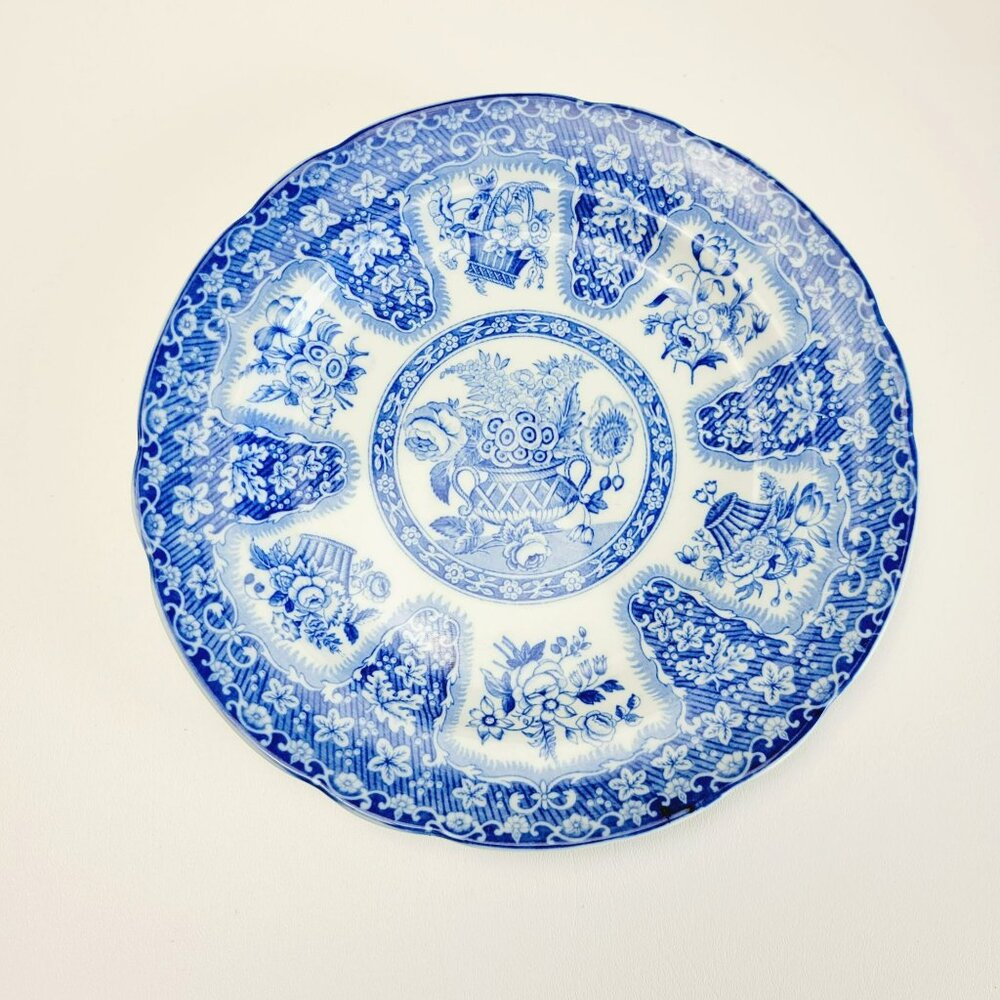 Vintage Spode Filigree Blue & White 10" Plate, Floral Rim & Basket Center, Copel - Picture 2 of 12